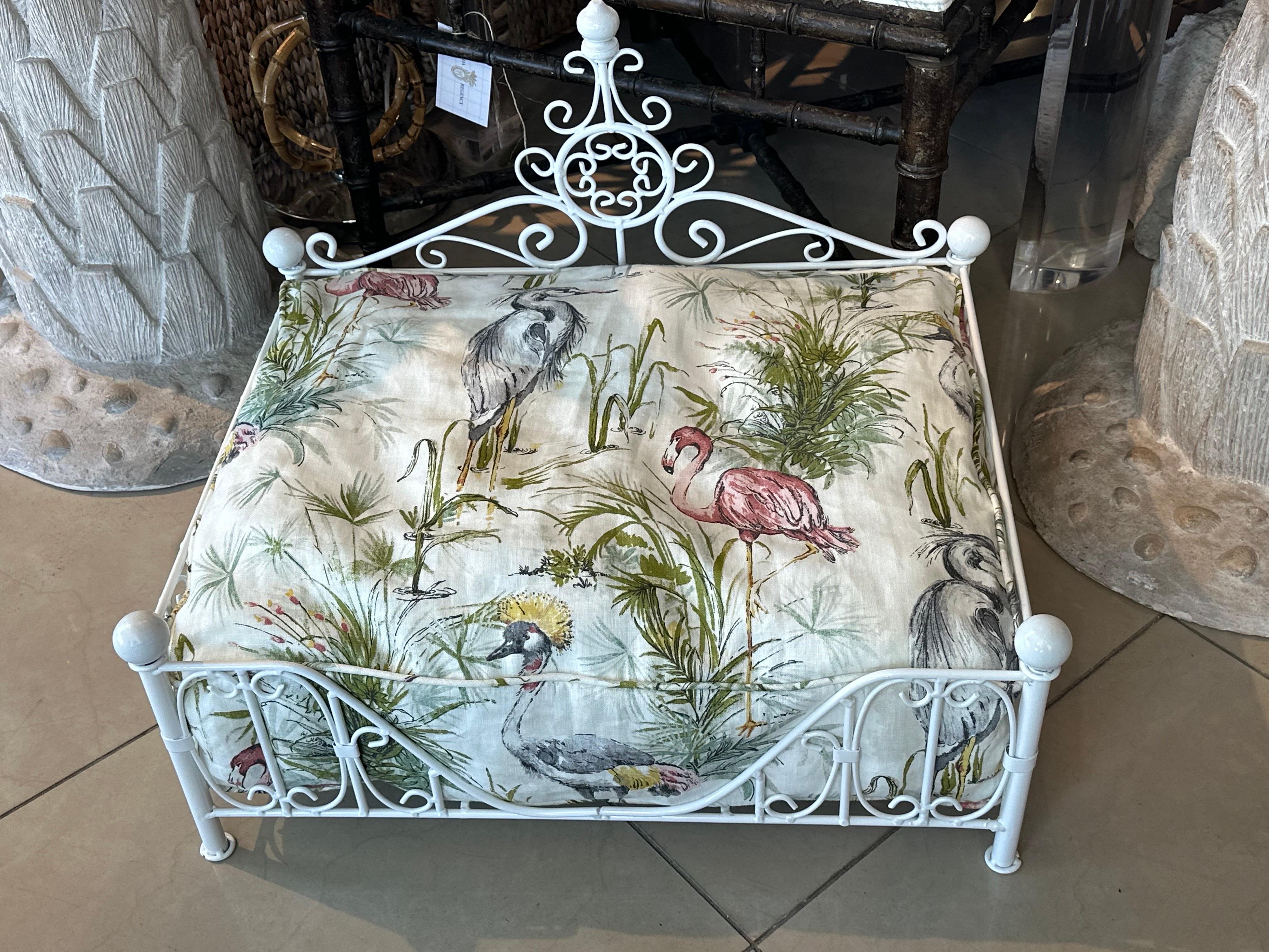Late 20th Century Vintage Newly Finished Upholstered Metal French Dog Pet Bed Palm Beach Birds  For Sale