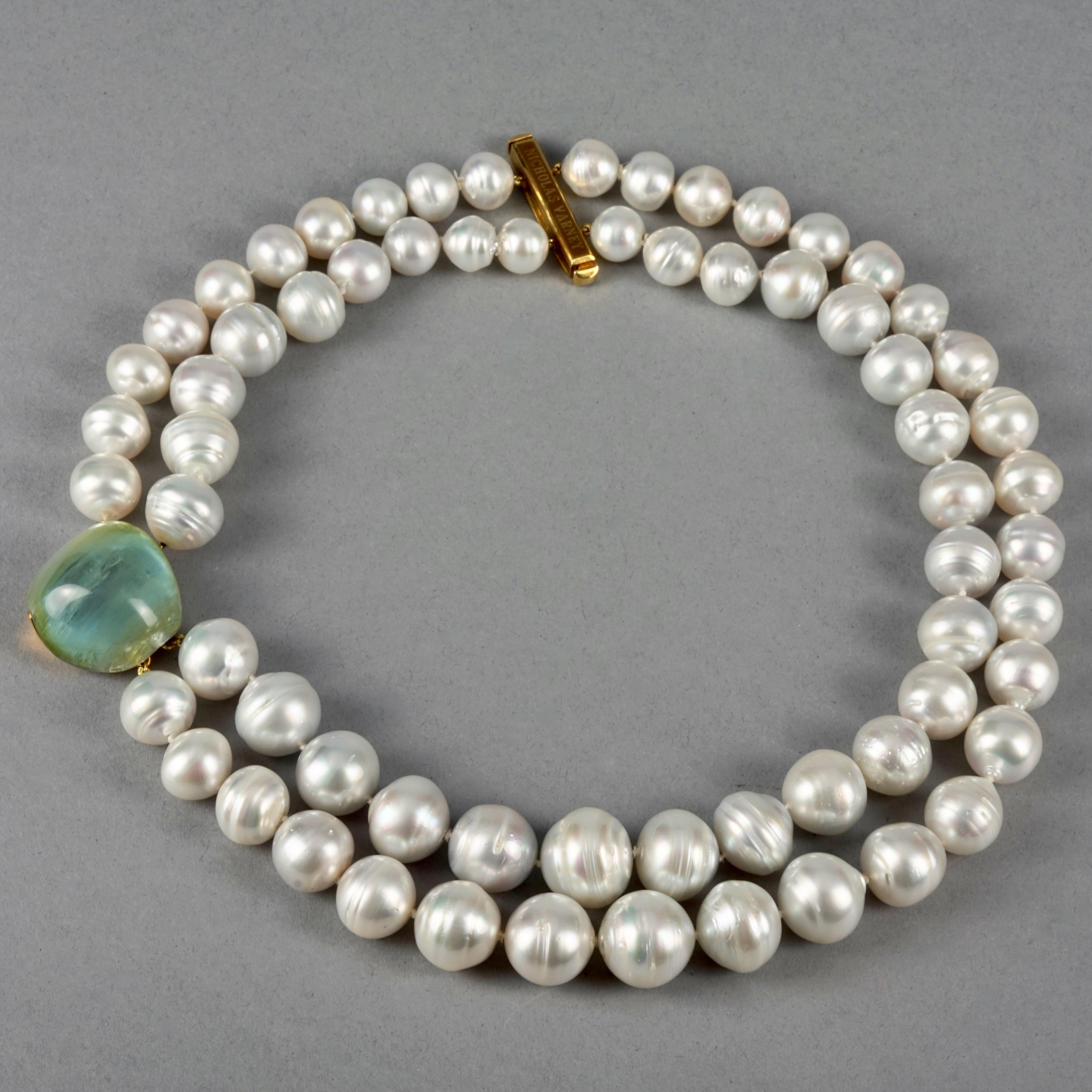 Vintage NICHOLAS VARNEY Green Beryl Gemstone Two Strand Baroque Pearl Necklace In Excellent Condition For Sale In Kingersheim, Alsace