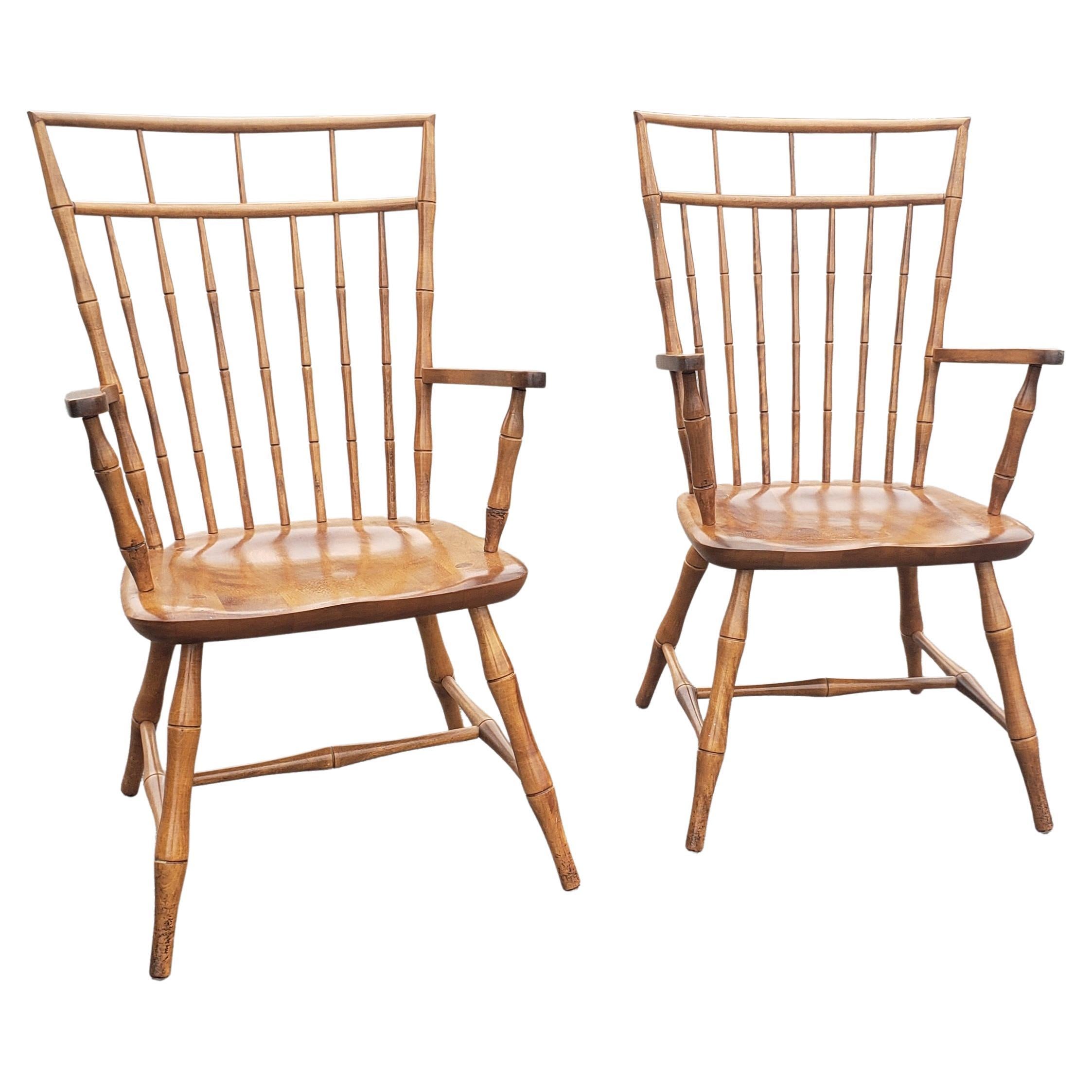 Stained Vintage Nichols and Stone Faux Bamboo Maple Windsor Armchairs, Pair