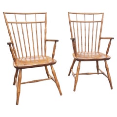 Vintage Nichols and Stone Faux Bamboo Maple Windsor Armchairs, Pair