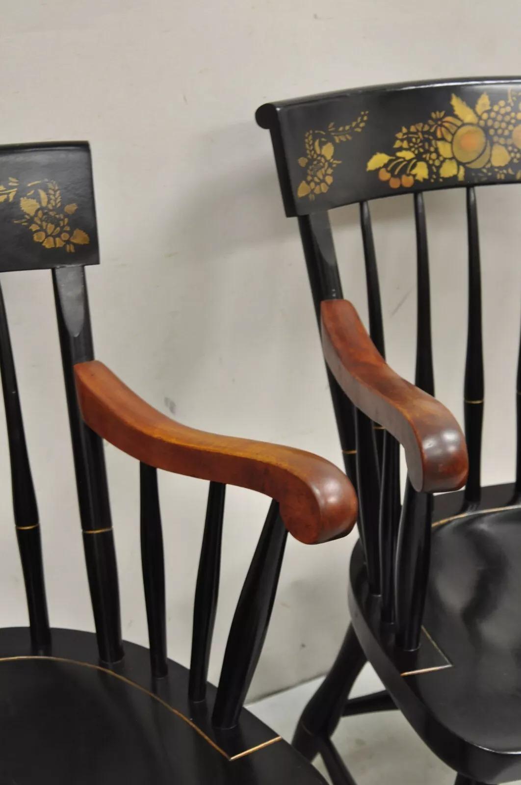 Vintage Nichols & Stone Black Harvest Stencil Hitchcock Style Arm Chairs - Pair 5