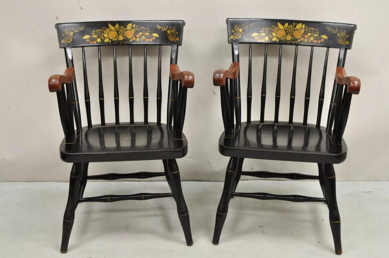 Vintage Nichols & Stone Black Harvest Stencil Hitchcock Style Arm Chairs - Pair. Circa Mid 20th Century. Measurements: 34