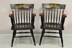 Vintage Nichols & Stone Black Harvest Stencil Hitchcock Style Arm Chairs - Pair