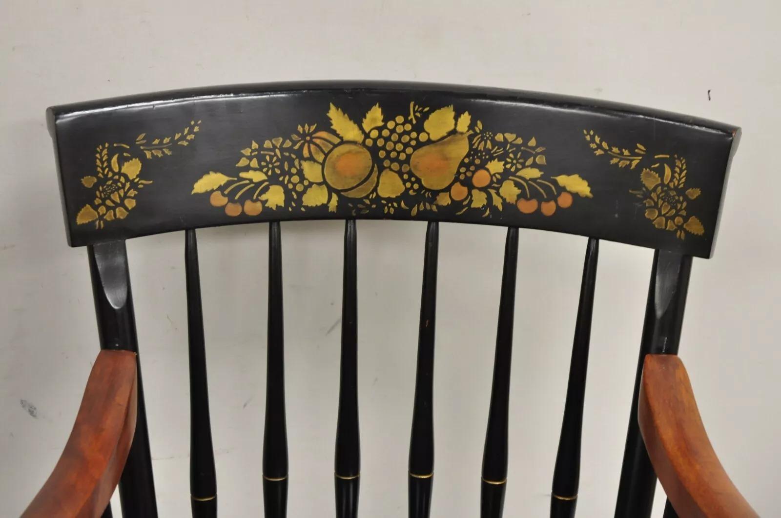 Other Vintage Nichols & Stone Black Harvest Stencil Hitchcock Style Arm Chairs - Pair