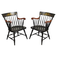 Vintage Nichols & Stone Black Harvest Stencil Hitchcock Style Arm Chairs - Pair