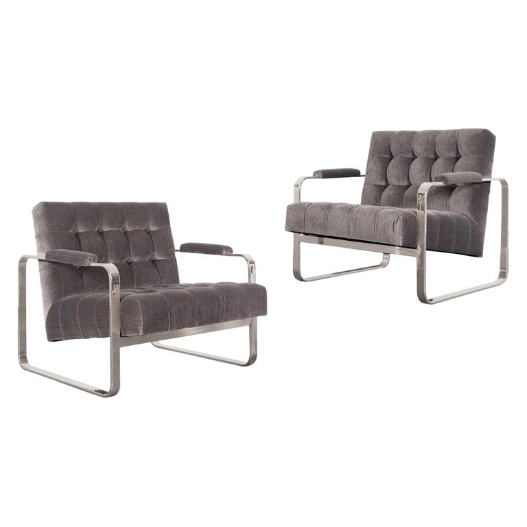 Vintage Nickel Biscuit Tufted Lounge Chairs in the Style of Milo Baughman For Sale