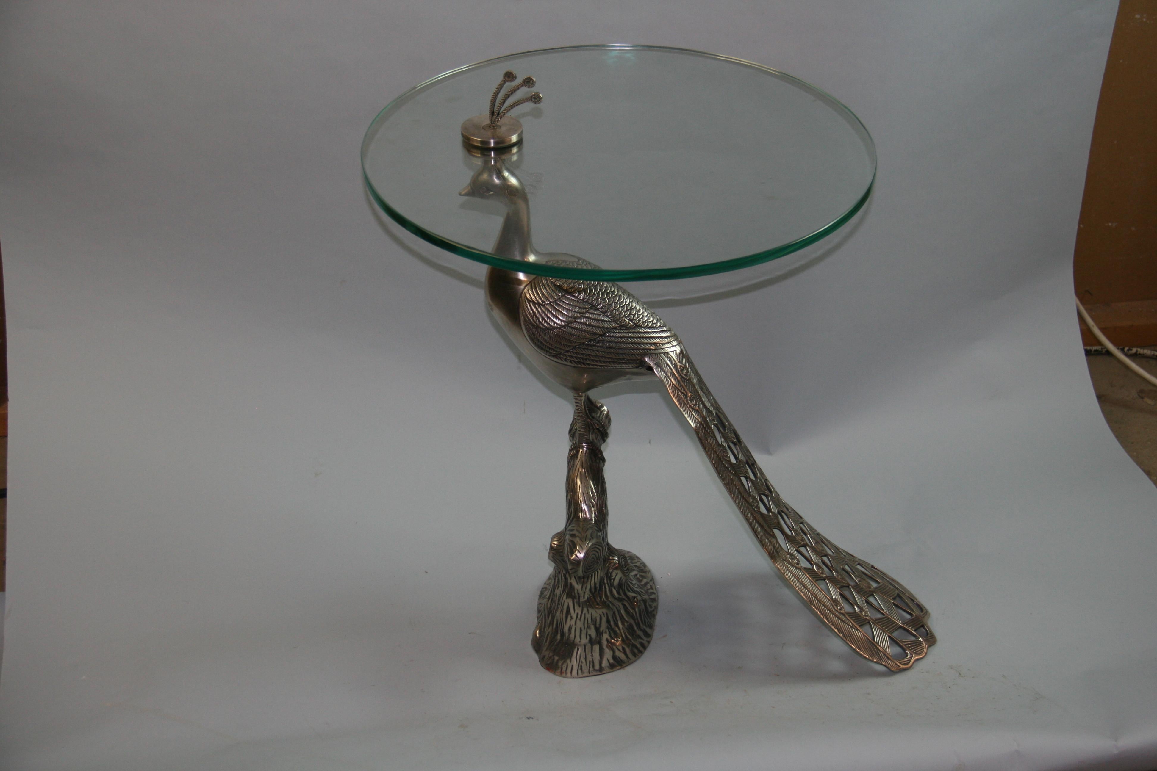 Vintage Nickeled Brass Peacock Table with Glass Top For Sale 3