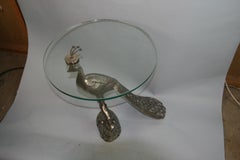 Vintage Nickeled Brass Peacock Table with Glass Top