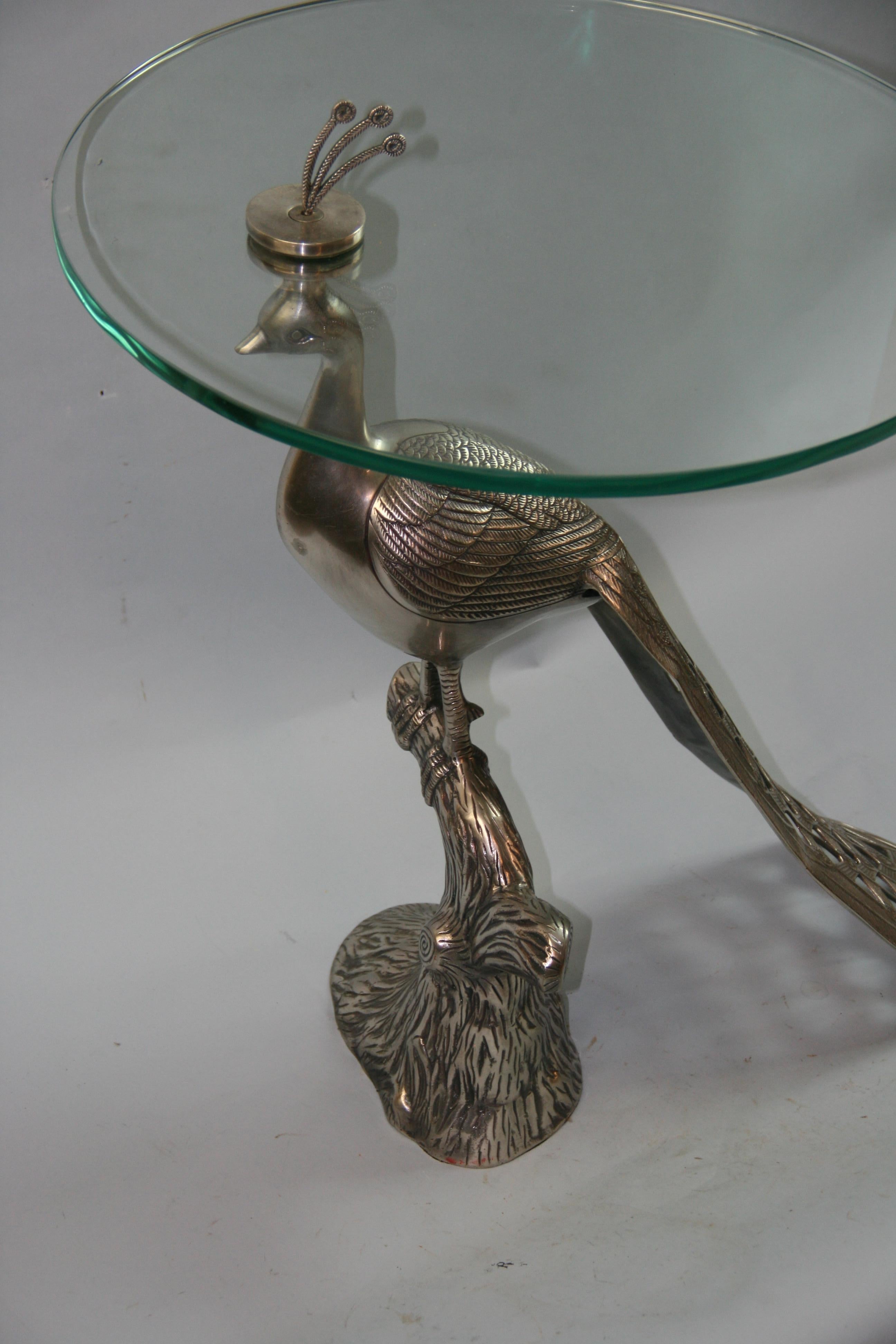 Vintage Nickeled Brass Peacock Table with Glass Top For Sale 1