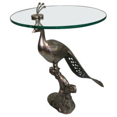 Table paon vintage en laiton nickelé avec plateau en verre