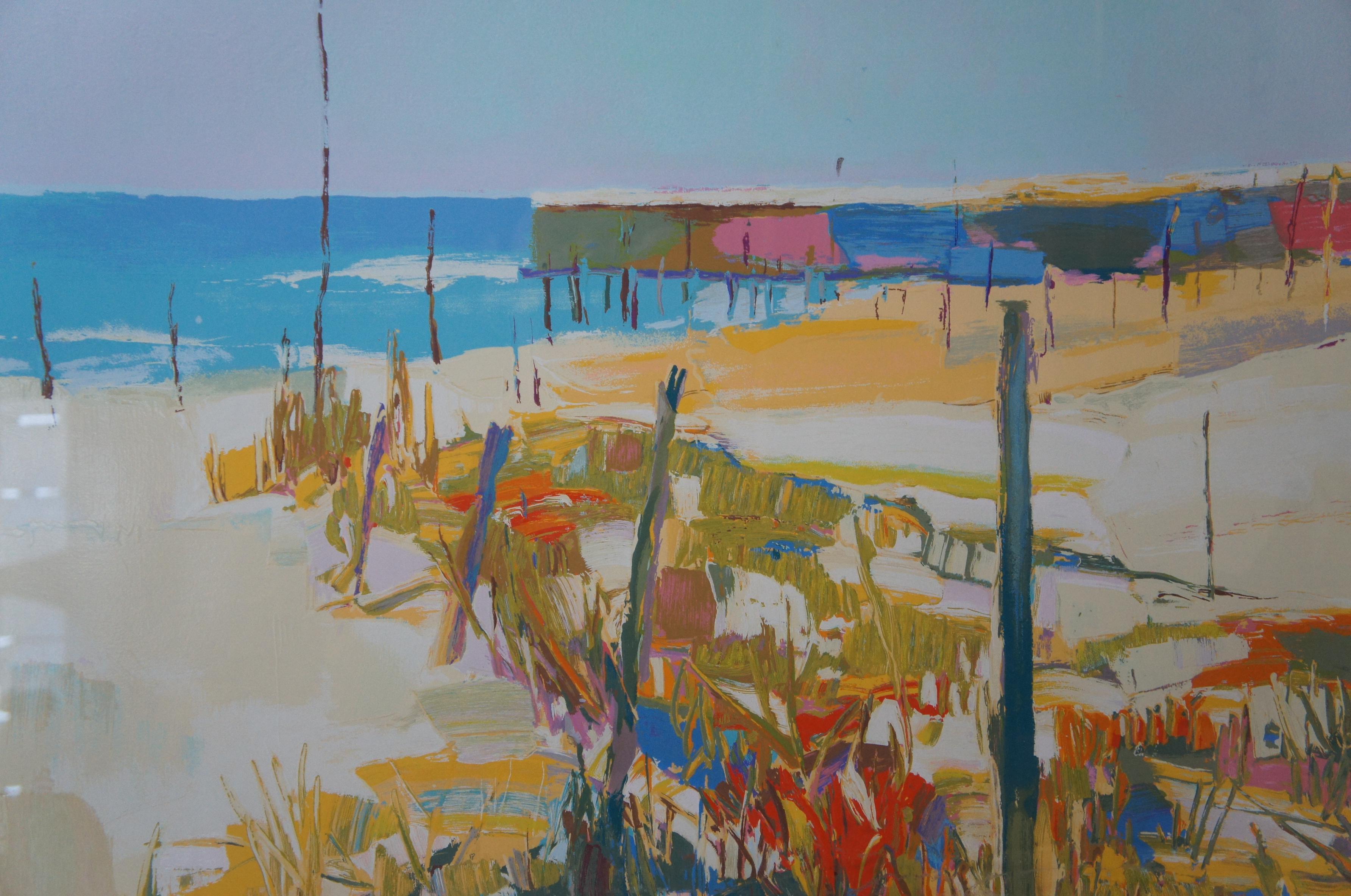 Late 20th Century Vintage Nicola Simbari Impressionist Beach Picnic Landscape Serigraph Print For Sale