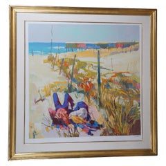 Stampa serigrafica d'epoca di Nicola Simbari Impressionista Spiaggia Picnic Paesaggio