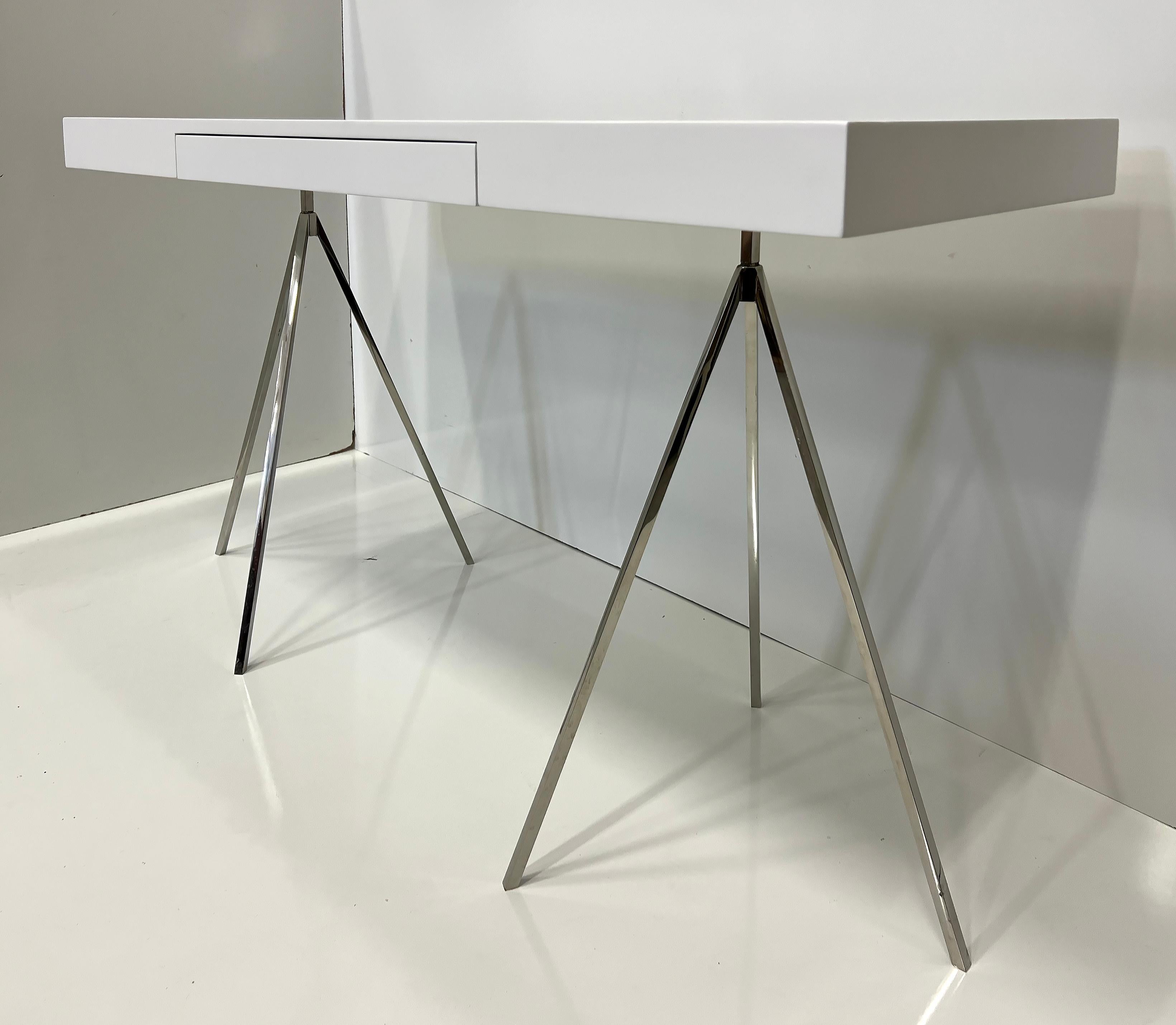 Modern Vintage Niedermaier Furniture Mundo Tripod Desk Stainless Steel and Lacquer