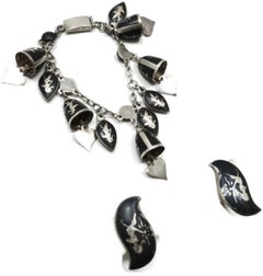 Vintage Niello Sterling Silver Charm Bracelet & Earrings