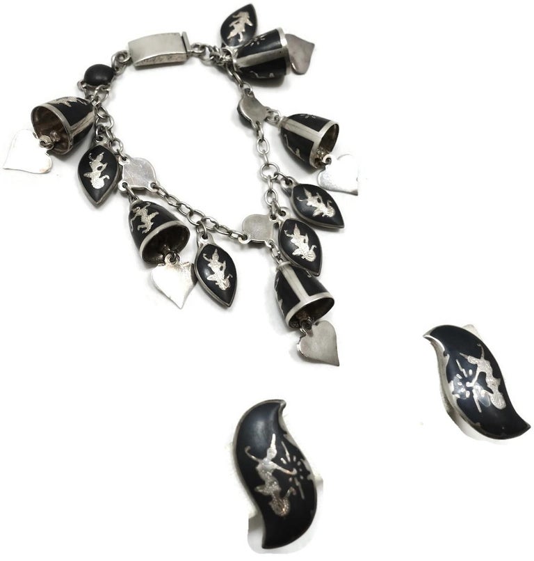 Vintage Niello Sterling Silver Charm Bracelet and Earrings For Sale at 1stdibs
