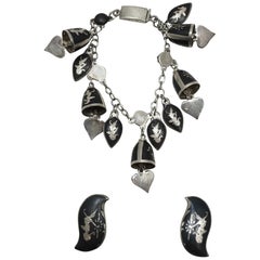 Vintage Niello Sterling Silver Charm Bracelet & Earrings
