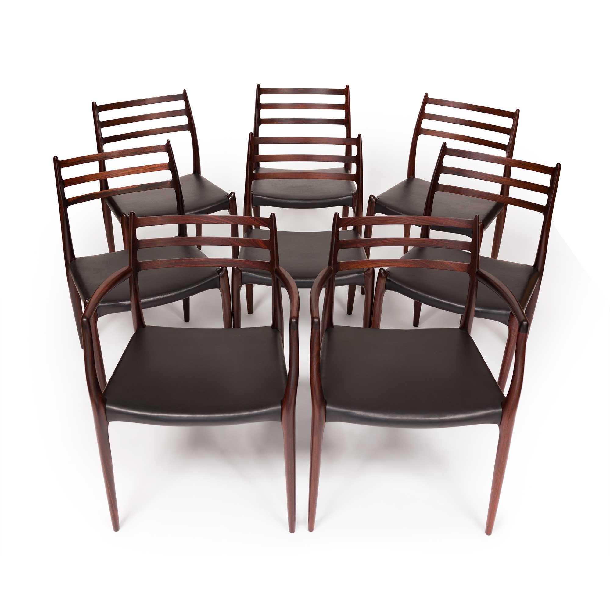 Mid-Century Modern Vintage Niels Otto Møller 78 & 62 Dining Chairs in Solid Rosewood Set of 8  For Sale
