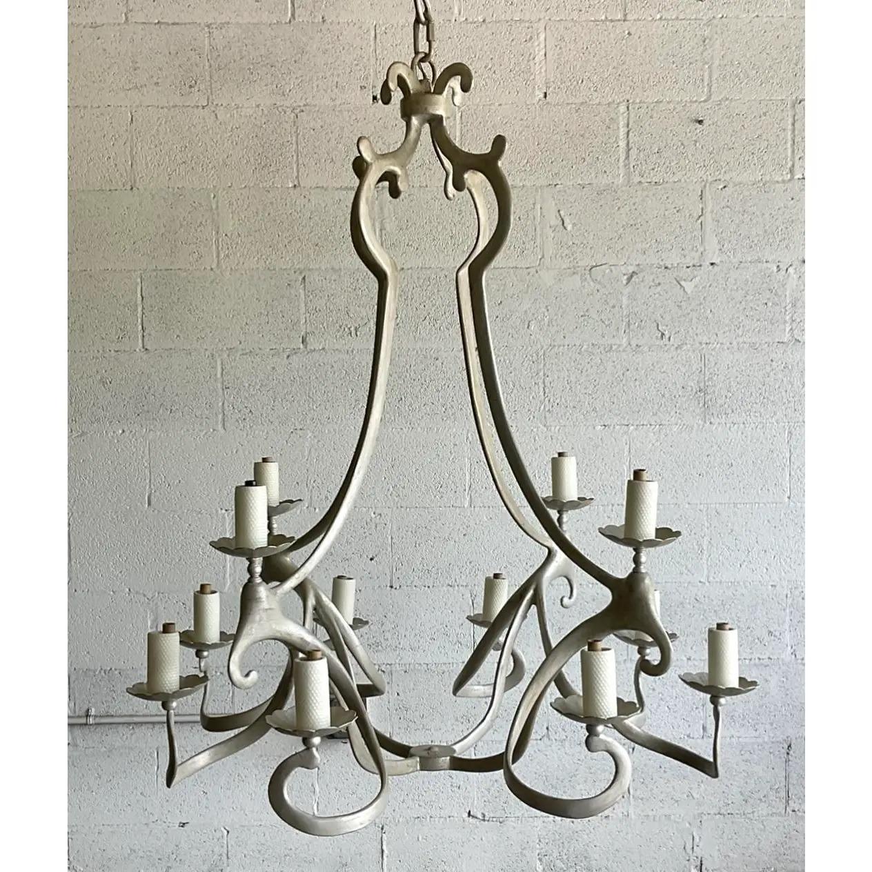 North American Vintage Niermann Weeks 12 Arm Silver Leaf Crevecoeur Chandelier For Sale