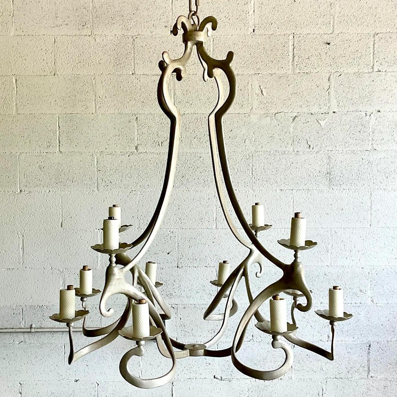 Vintage Niermann Weeks 12 Arm Silver Leaf Crevecoeur Chandelier In Good Condition For Sale In west palm beach, FL