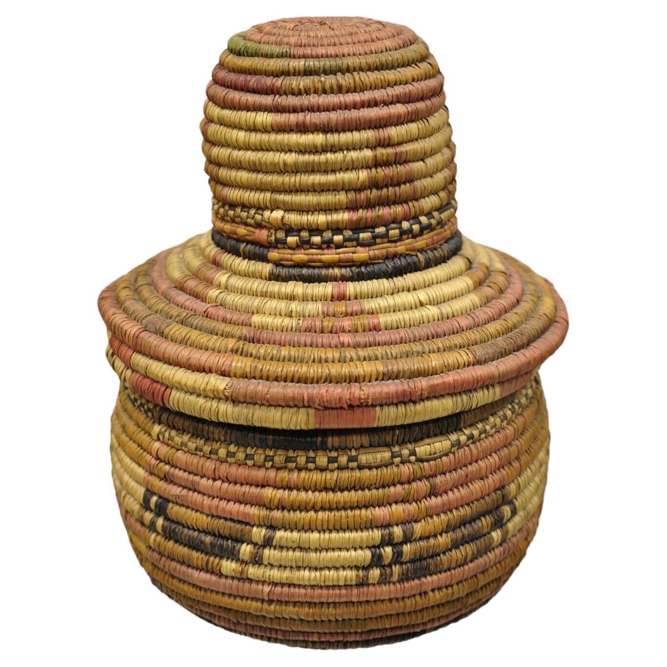 Vintage Nigerian African Tribal Hausa Woven Orange Basket with Dome Lid For Sale