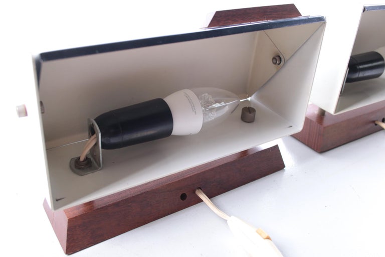 Vintage Night Lights Set of 2 Made of Metal and Teak Wood, 60s For Sale