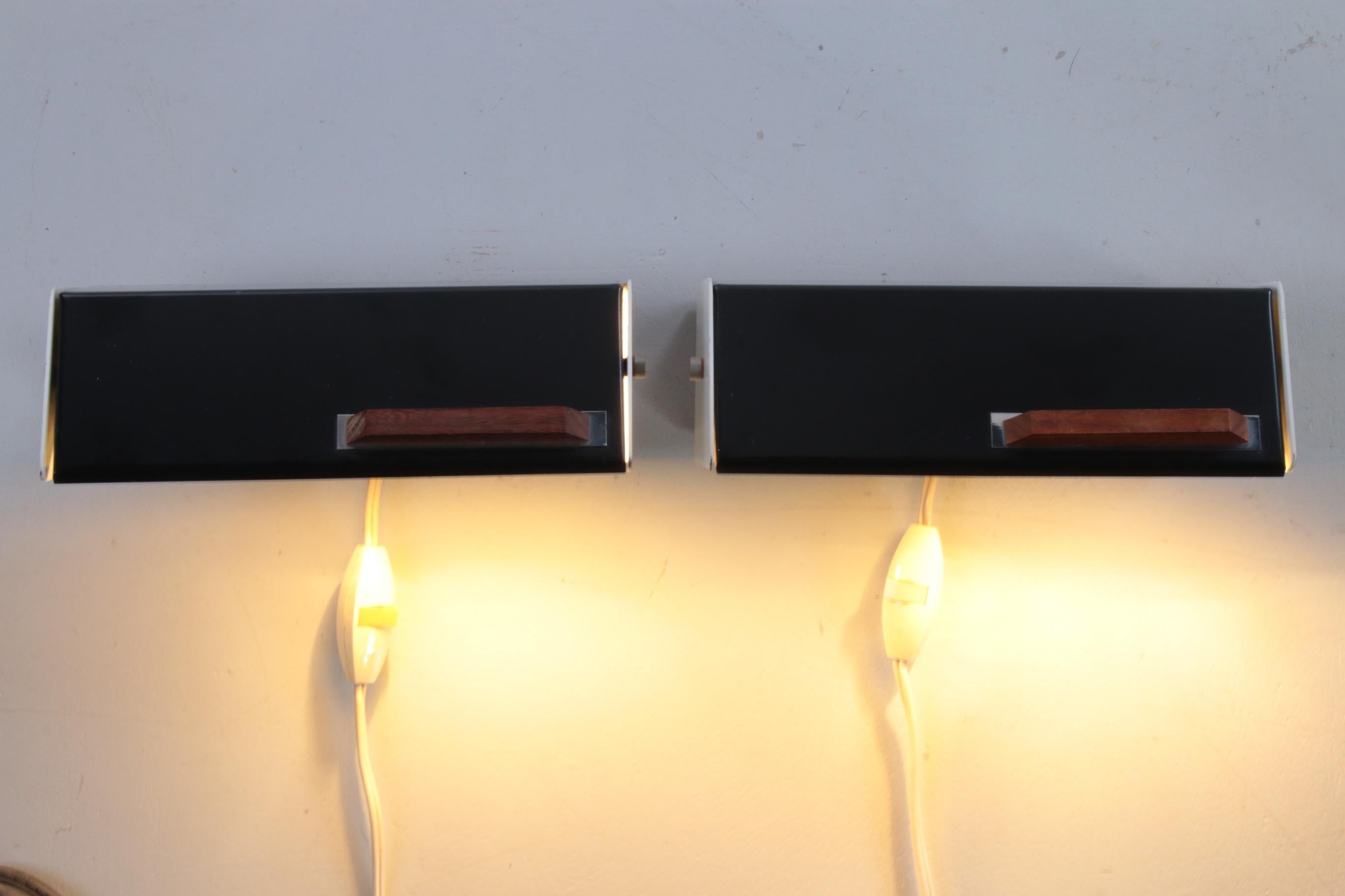 Mid-Century Modern Vintage Night Lights Set of 2 Made of Metal and Teak Wood, 60s For Sale