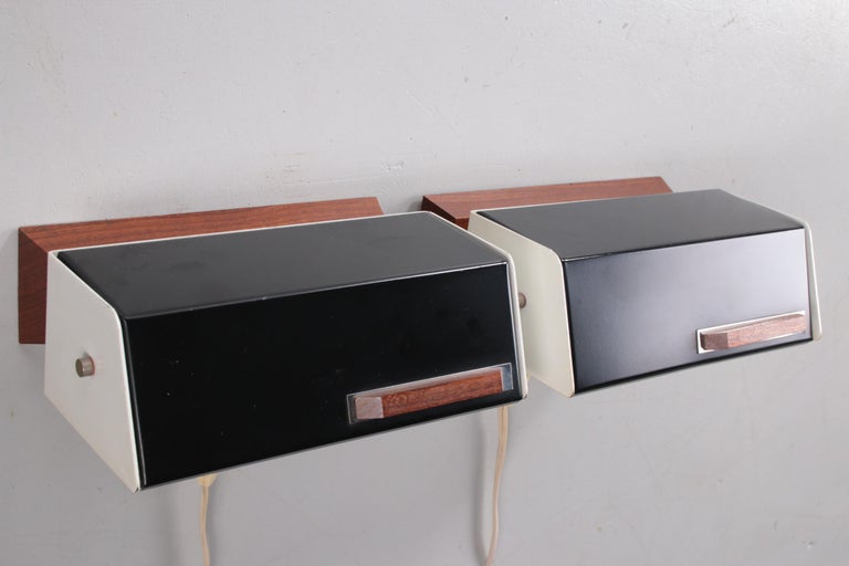 Vintage Night Lights Set of 2 Made of Metal and Teak Wood, 60s For Sale