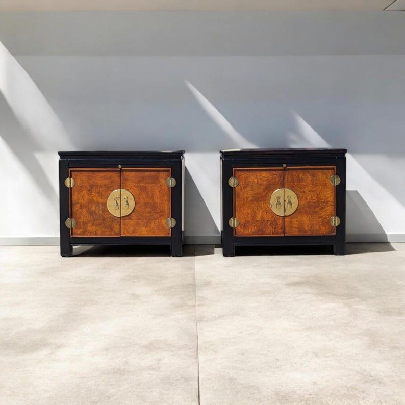 Mid-Century Modern Vintage Nightstands, Chinoiserie, Stanley Furniture, Black, Burl Wood, Brass