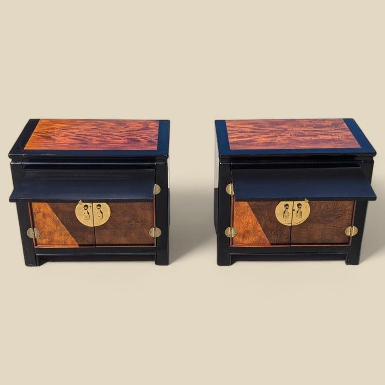 20th Century Vintage Nightstands, Chinoiserie, Stanley Furniture, Black, Burl Wood, Brass