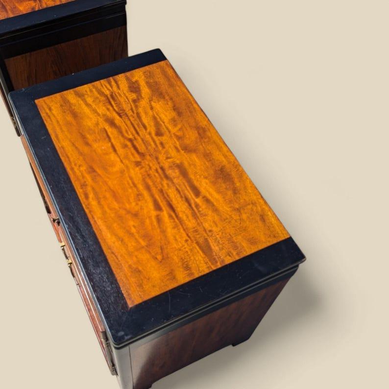 Vintage Nightstands, Chinoiserie, Stanley Furniture, Black, Burl Wood, Brass 3