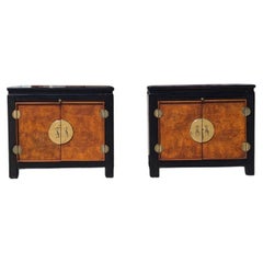 Vintage Nightstands, Chinoiserie, Stanley Furniture, Black, Burl Wood, Brass