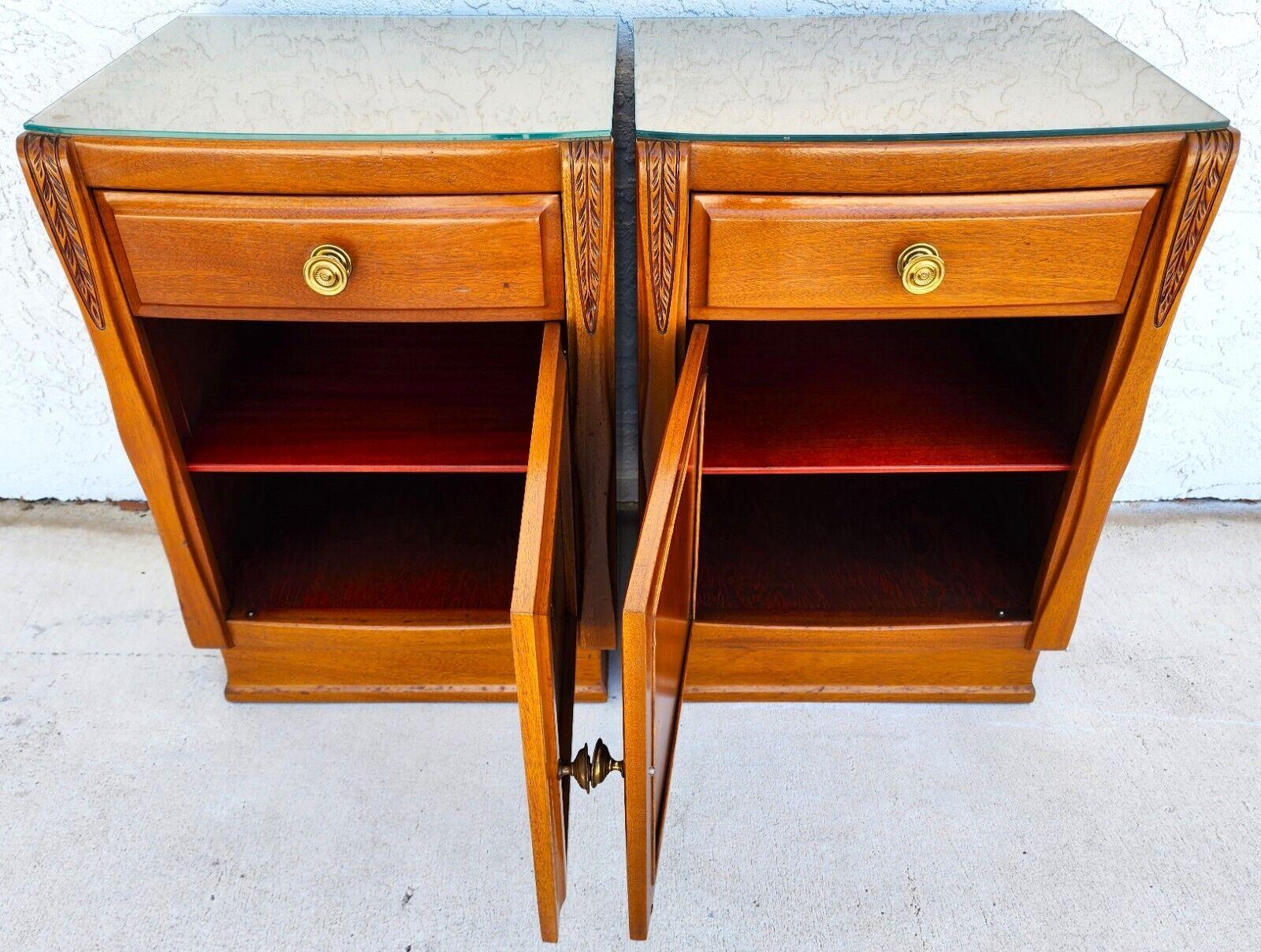 Offering One Of Our Recent Palm Beach Estate fine Furniture Acquisitions Of A 
Pair of Vintage Nightstands with Custom Cut Glass Tops by DVORKIN of NY
The frames, front doors, and drawers are solid wood and there is veneer under the glass and