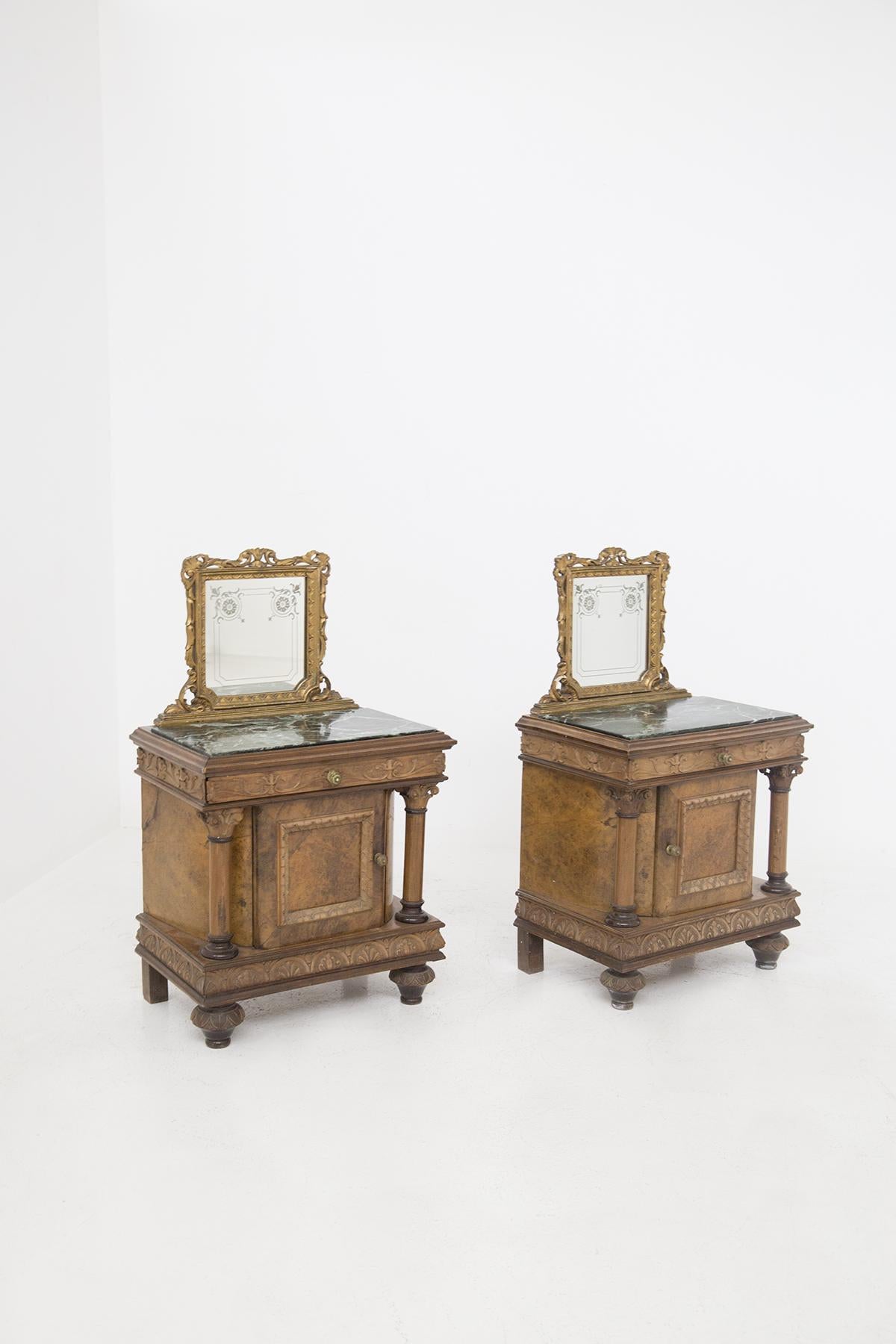 Vintage Nightstands with Mirror in Wood and Green Alps Marble For Sale 9