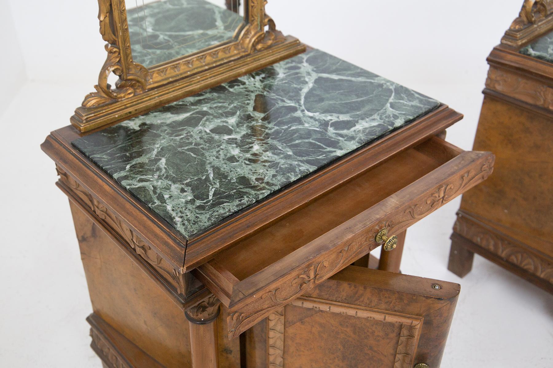Italian Vintage Nightstands with Mirror in Wood and Green Alps Marble For Sale