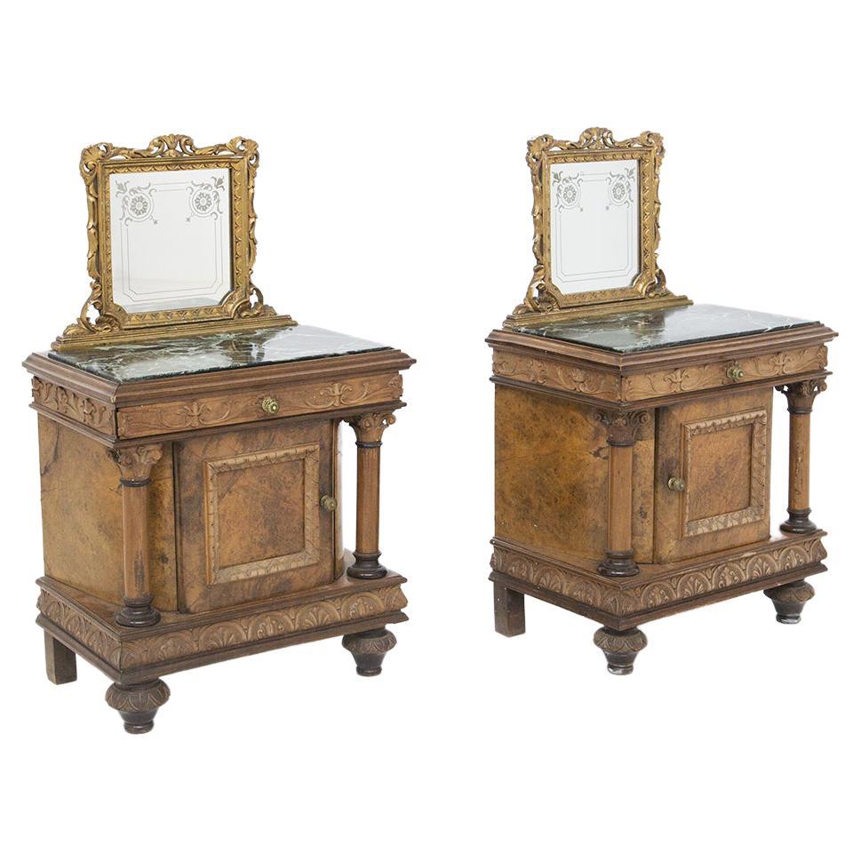 Vintage Nightstands with Mirror in Wood and Green Alps Marble For Sale