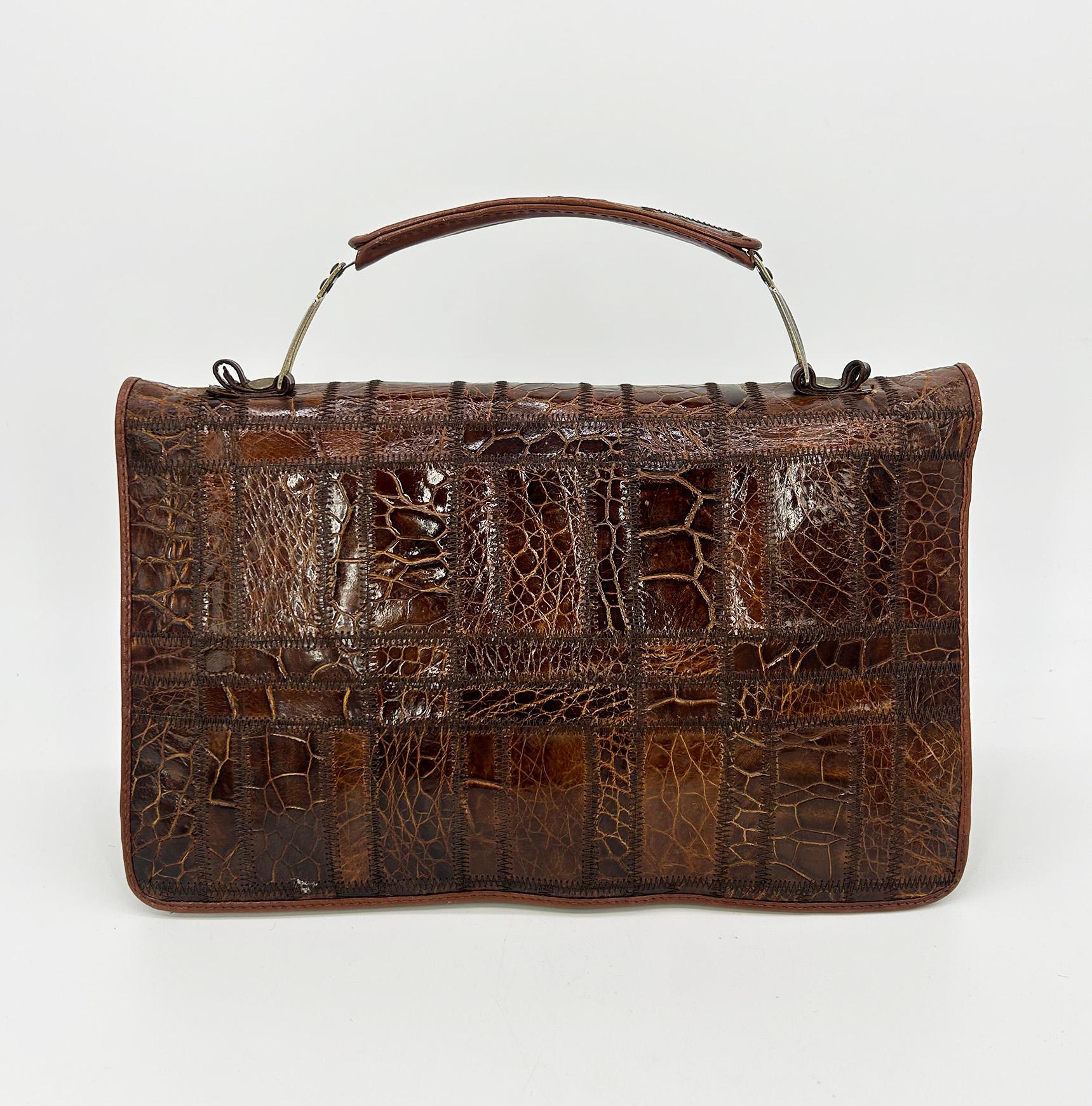 Black Vintage Niki Brown Patchwork Alligator Quilted Top Handle Bag c1970s For Sale