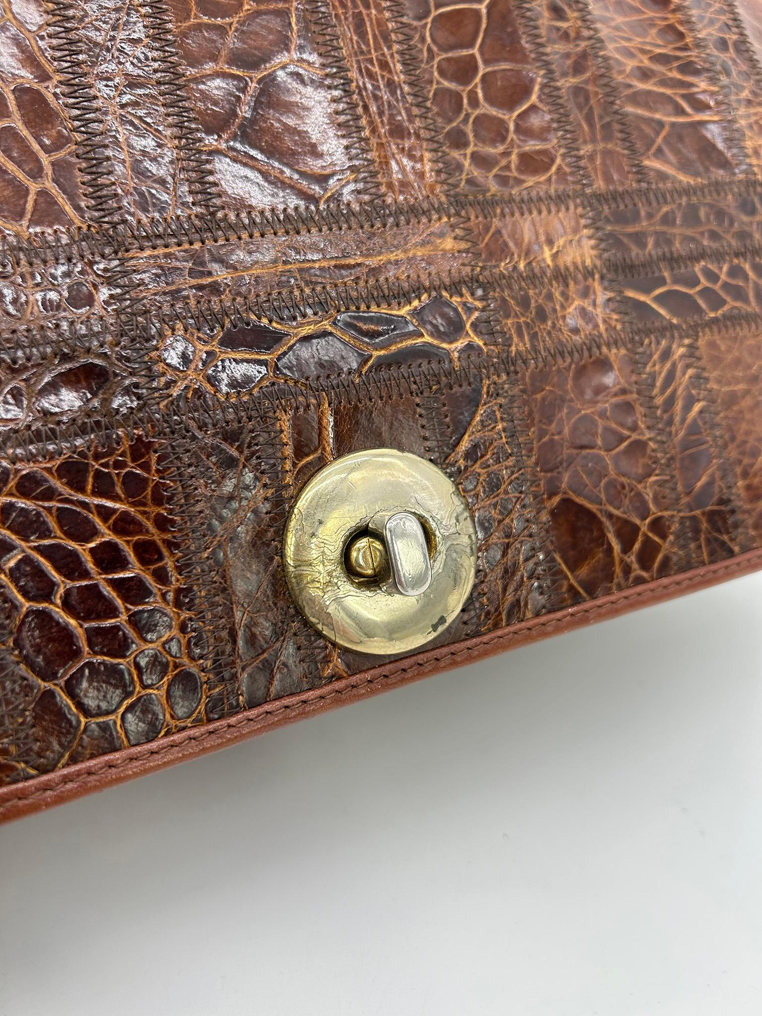 Women's Vintage Niki Brown Patchwork Alligator Quilted Top Handle Bag c1970s For Sale
