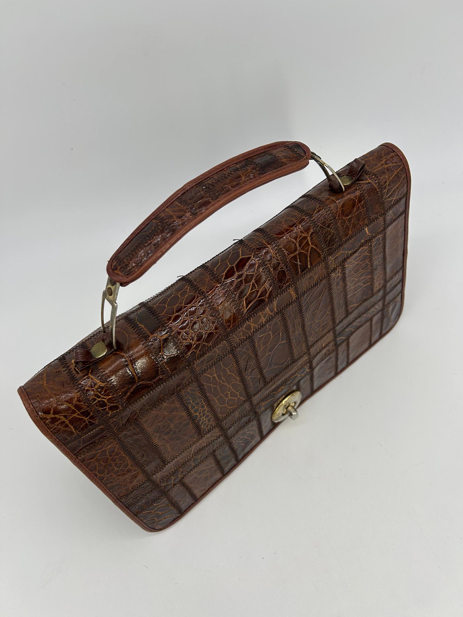 Vintage Niki Brown Patchwork Alligator Quilted Top Handle Bag c1970s For Sale 2