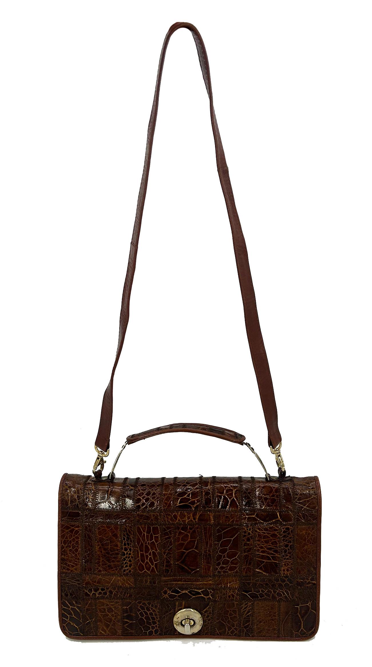 Vintage Niki Brown Patchwork Alligator Quilted Top Handle Bag c1970s For Sale 3