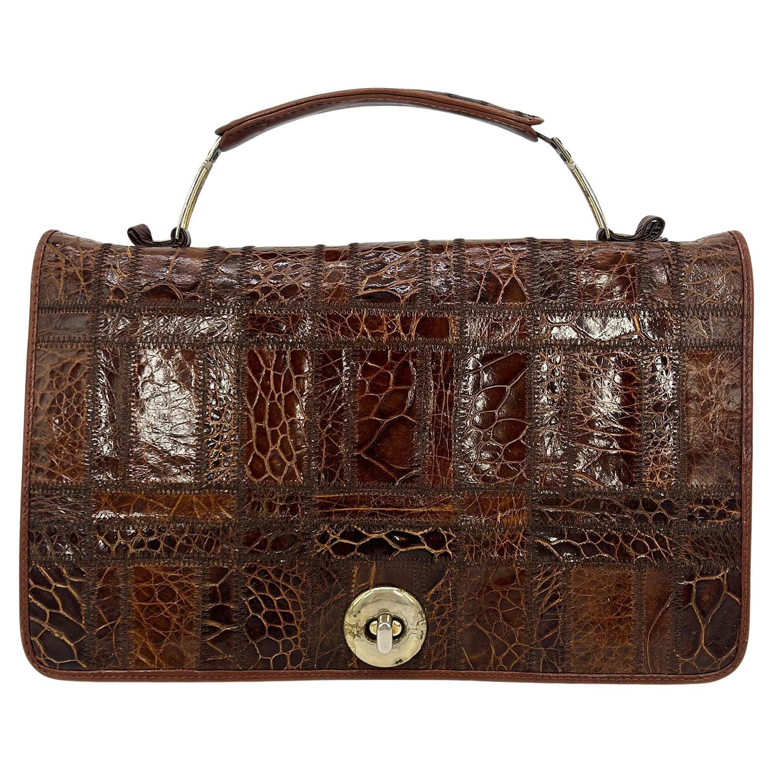 Vintage Niki Brown Patchwork Alligator Quilted Top Handle Bag c1970s