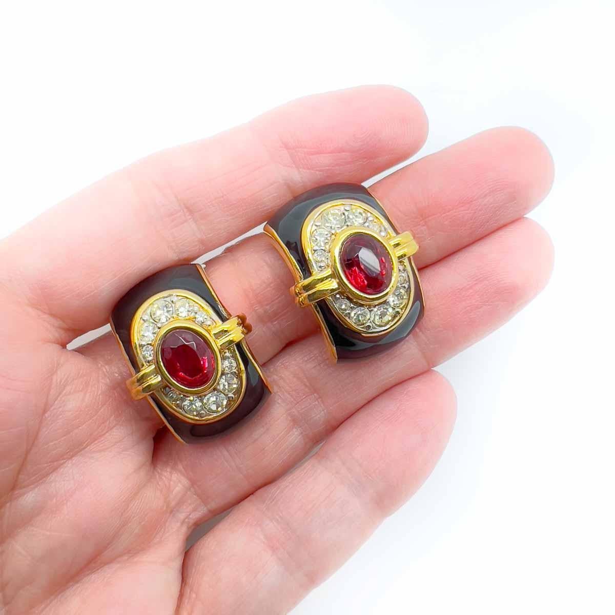 Vintage Nina Ricci Art Deco Ruby Huggie Earrings 1980s In Good Condition For Sale In Wilmslow, GB