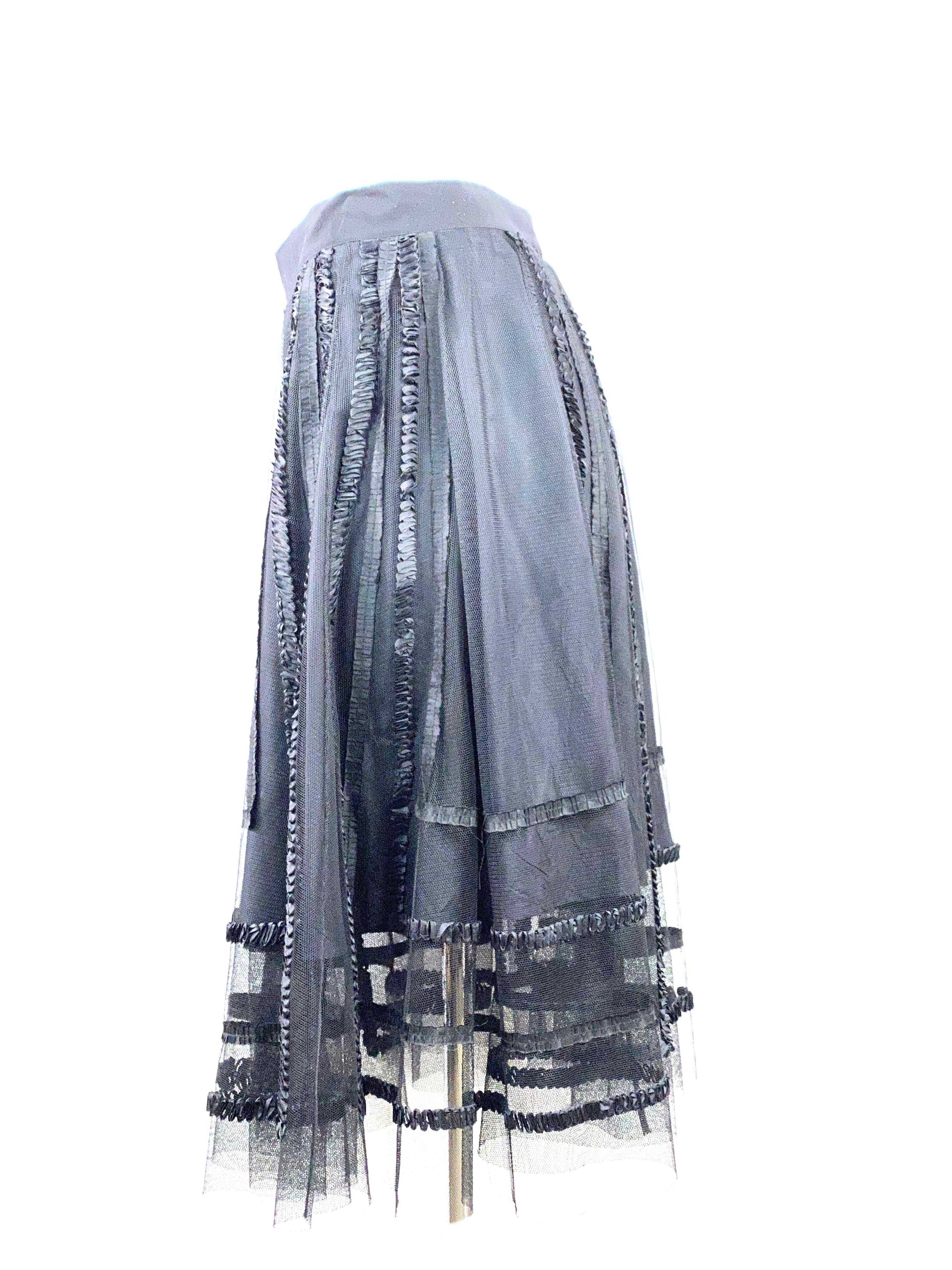 Vintage NINA RICCI Black Silk and Mesh Midi Flare Skirt Size 40 In Excellent Condition In Beverly Hills, CA