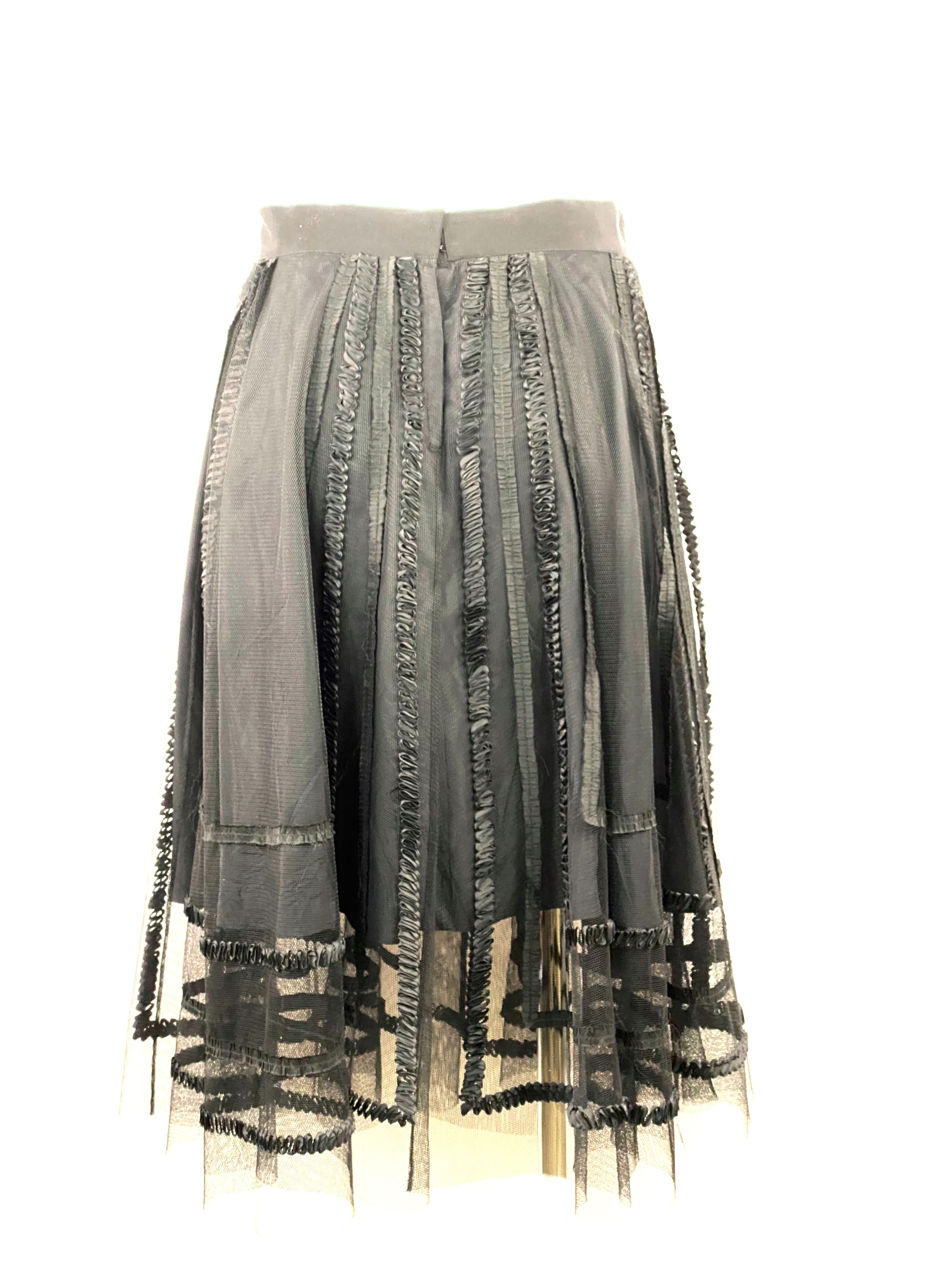 Women's Vintage NINA RICCI Black Silk and Mesh Midi Flare Skirt Size 40