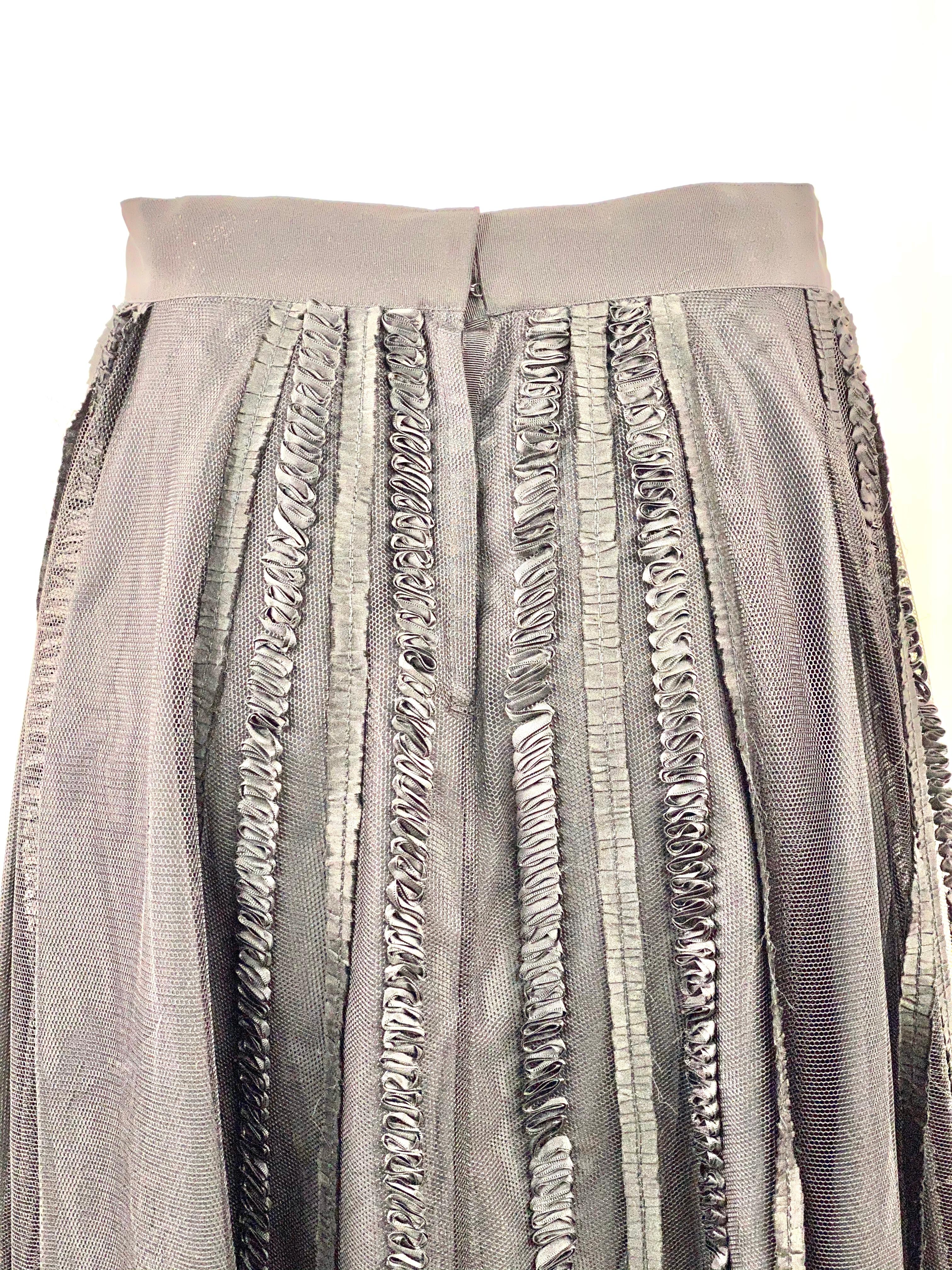 Vintage NINA RICCI Black Silk and Mesh Midi Flare Skirt Size 40 1