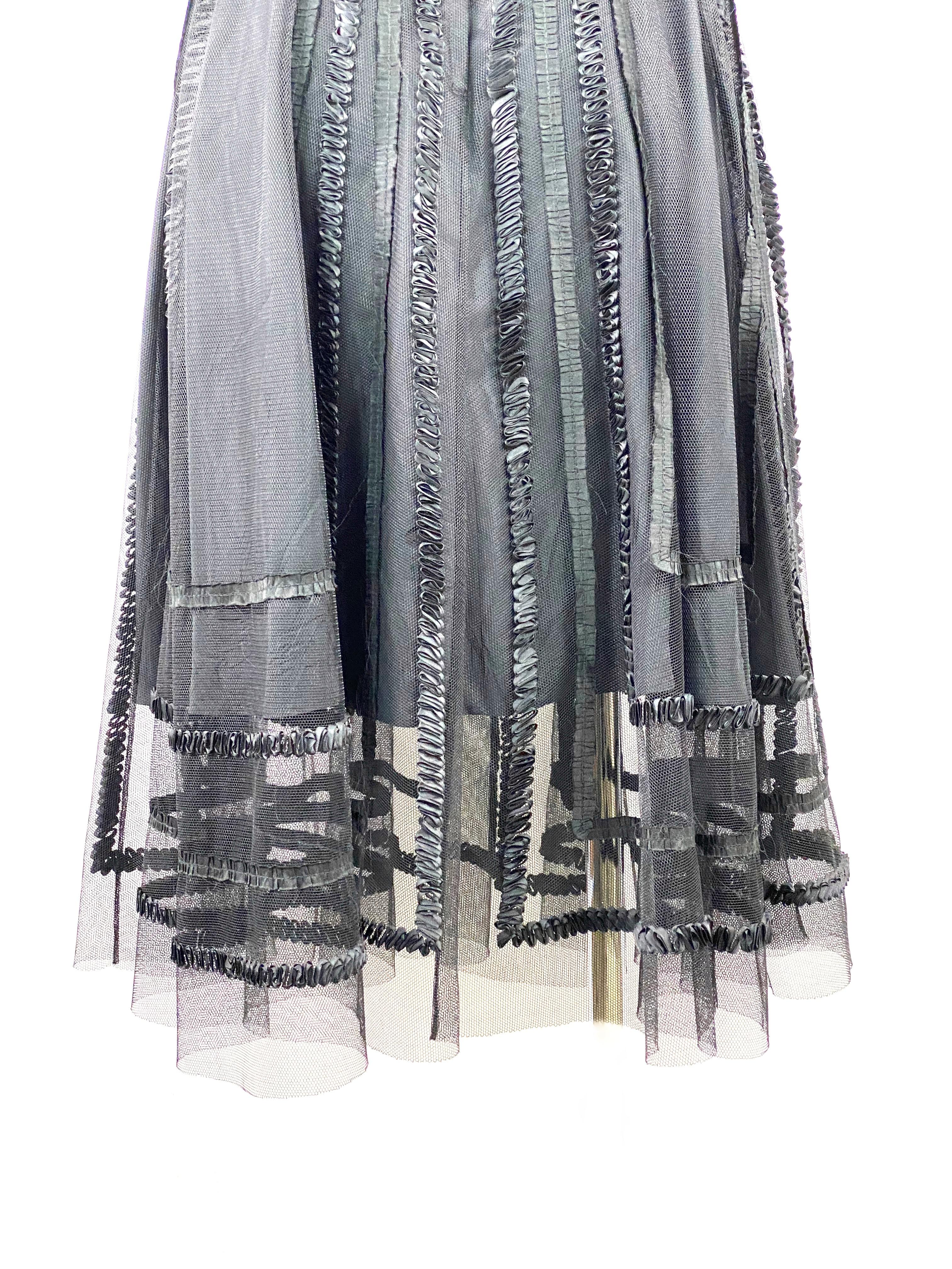 Vintage NINA RICCI Black Silk and Mesh Midi Flare Skirt Size 40 2