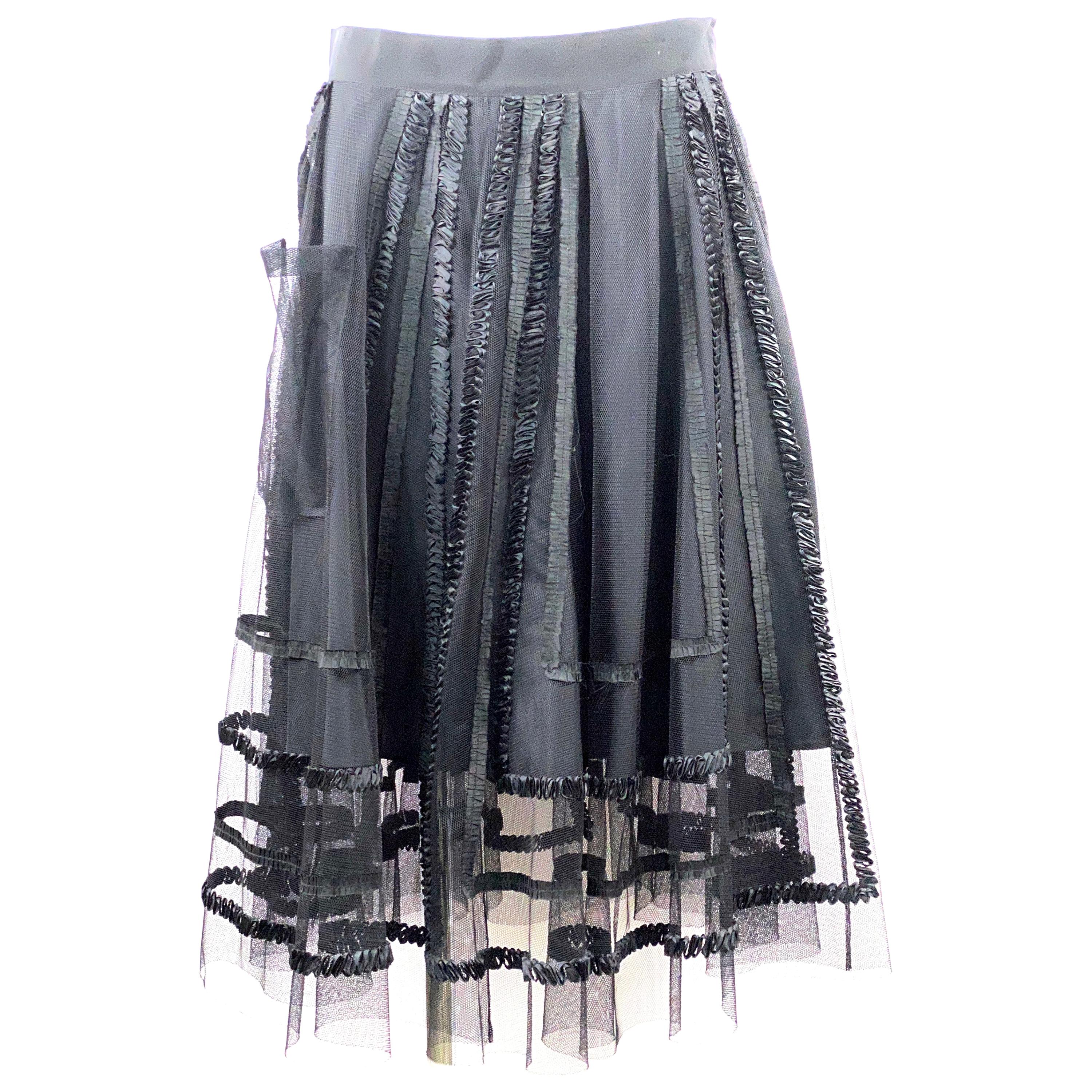 Vintage NINA RICCI Black Silk and Mesh Midi Flare Skirt Size 40