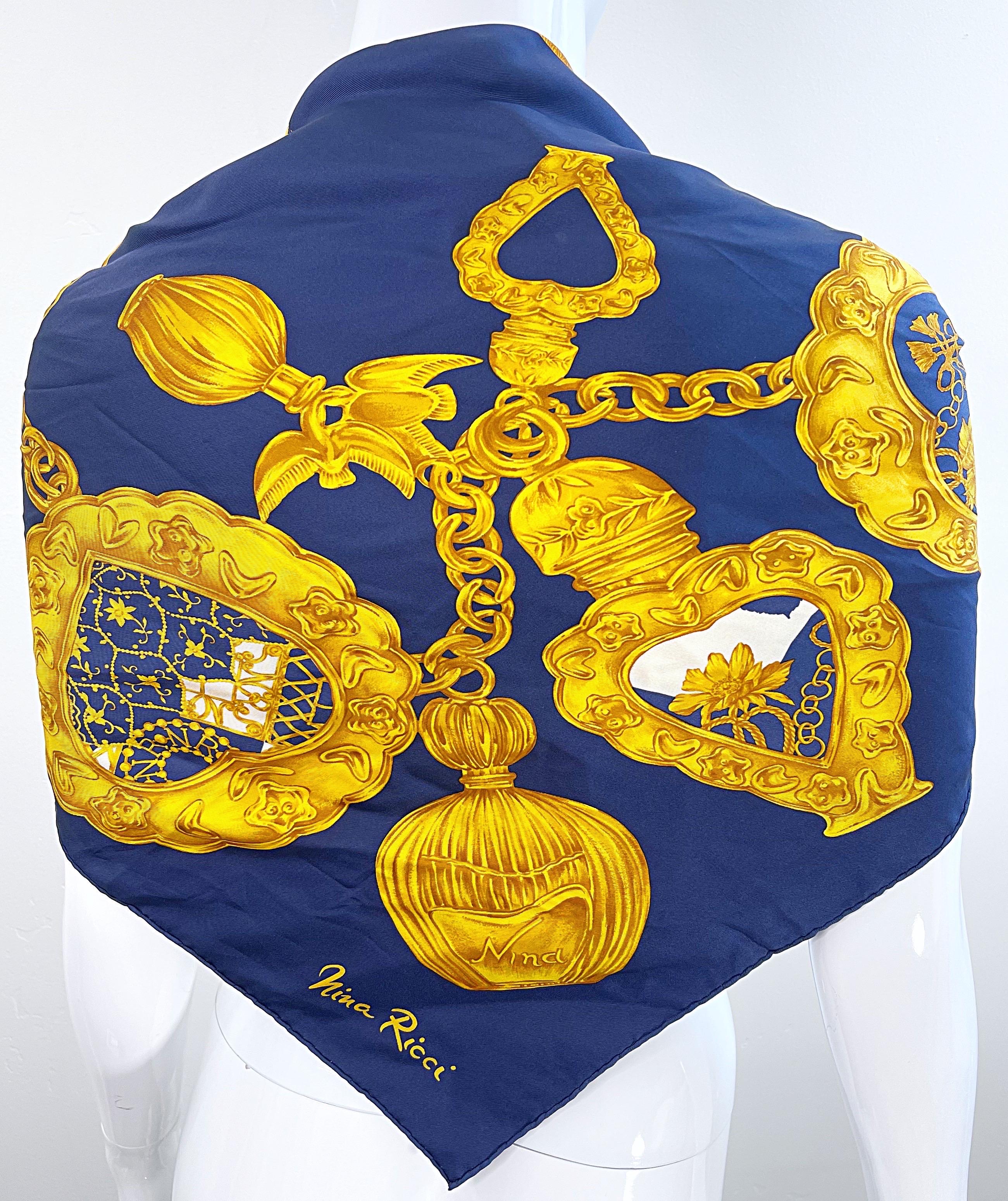 Vintage Nina Ricci Charm Bracelet Navy Blue + Gold Large Silk Scarf 34 x 34 For Sale 8