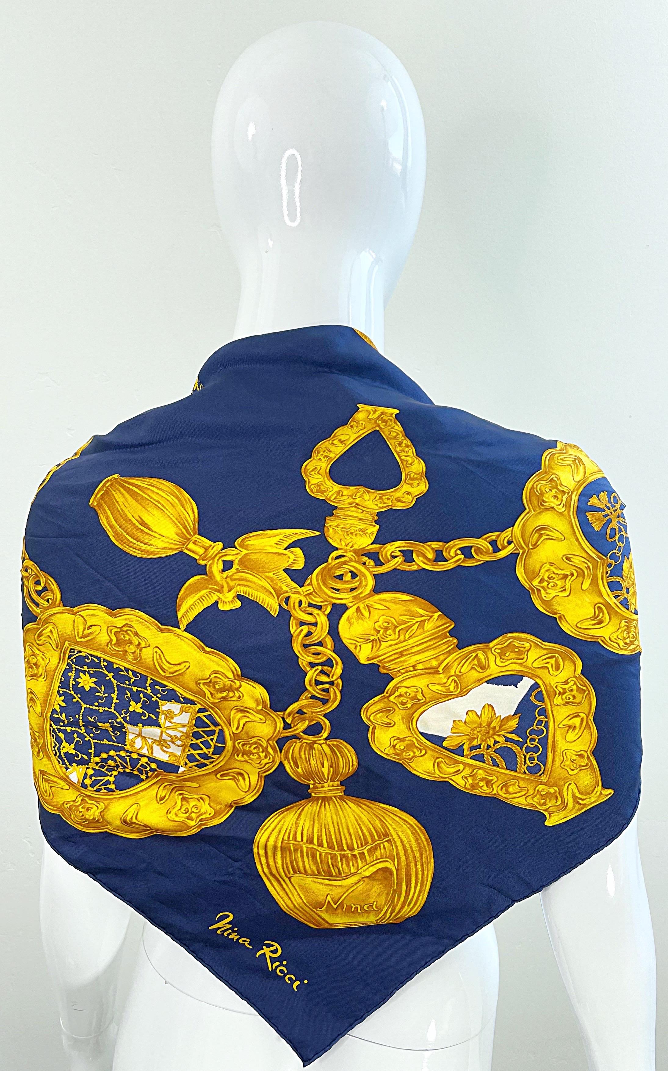 Vintage Nina Ricci Charm Bracelet Navy Blue + Gold Large Silk Scarf 34 x 34 For Sale 2