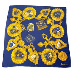 Vintage Nina Ricci Charm Bracelet Navy Blue + Gold Large Silk Scarf 34 x 34