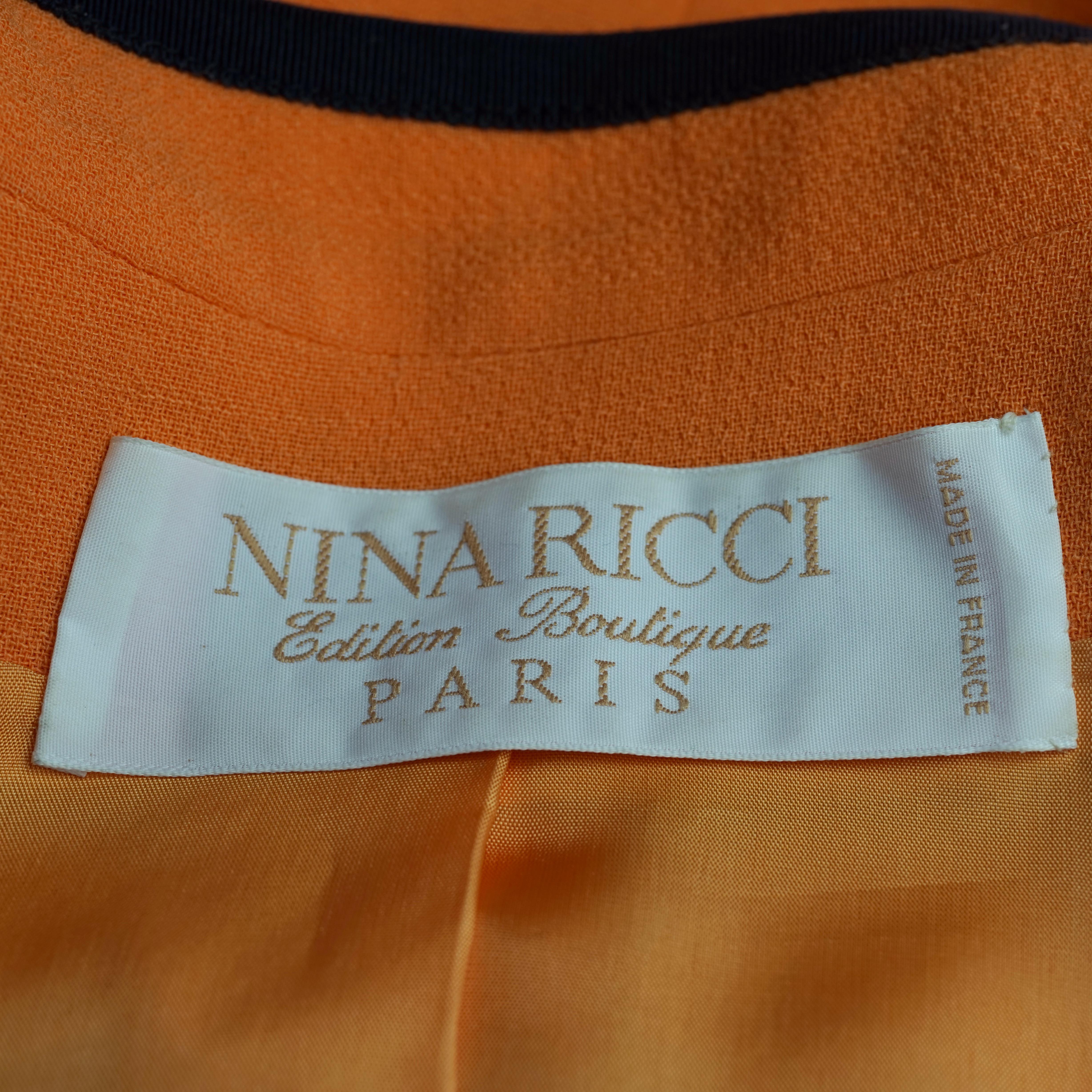 Vintage NINA RICCI Edition Boutique Orange Crop Jacket For Sale 2